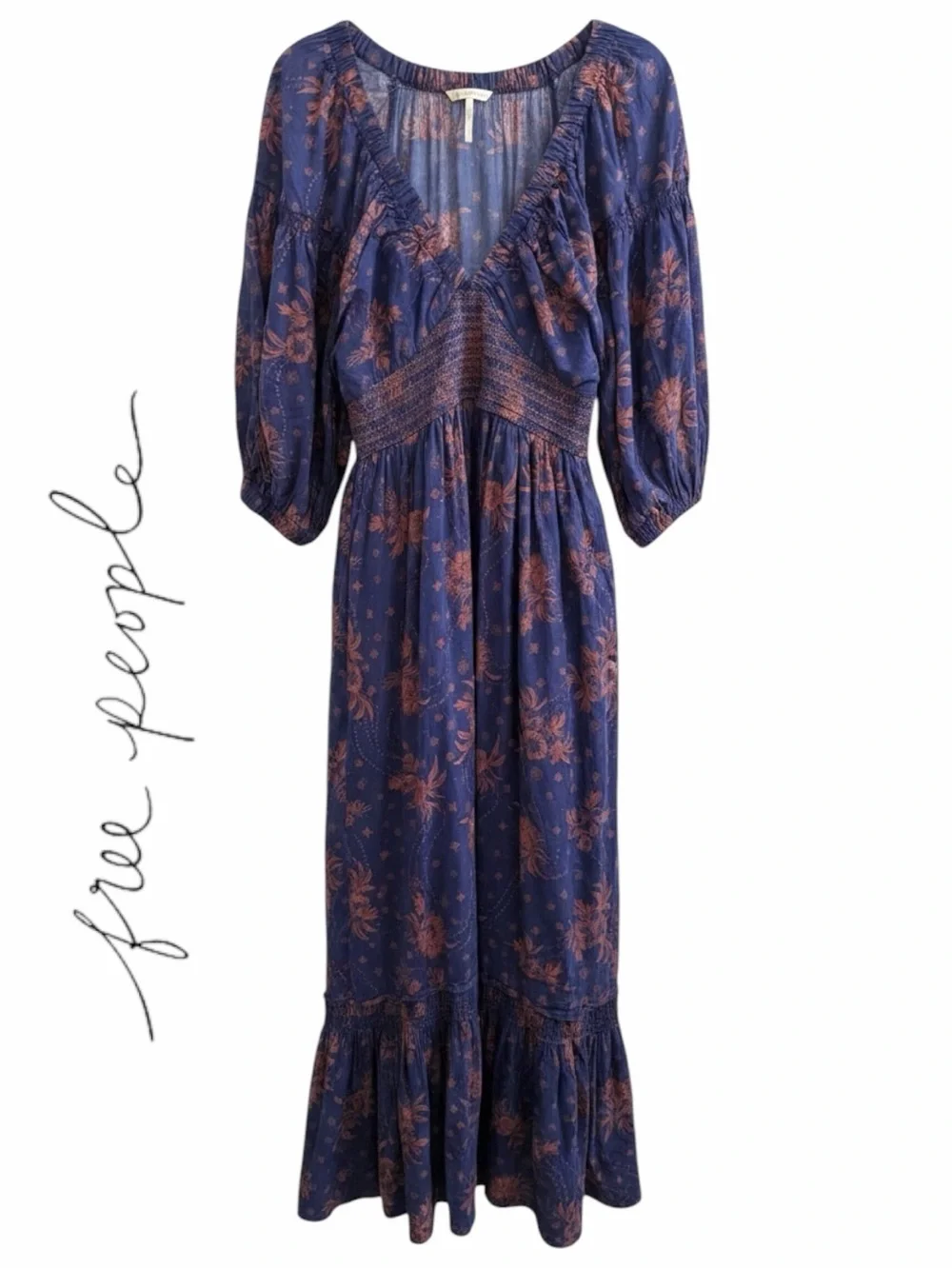 💙Free People Deep Blue Floral Maxi Dress with Rust Accents. Gently worn, size M